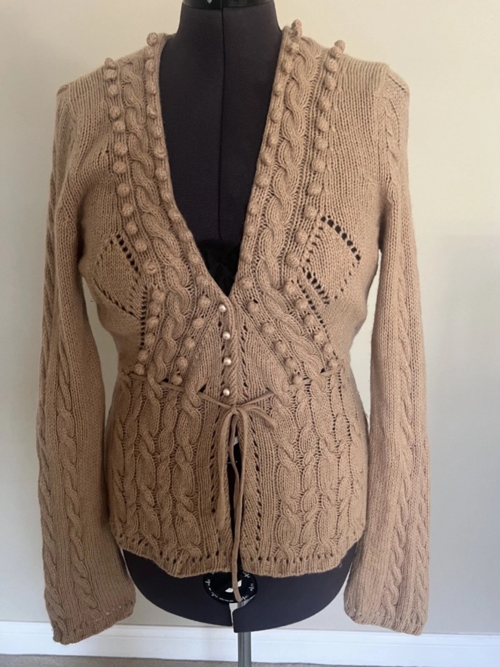 Pure Cashmere 90's Womens L Cashmere Swiss cable Knit Cardigan Sweater Brown